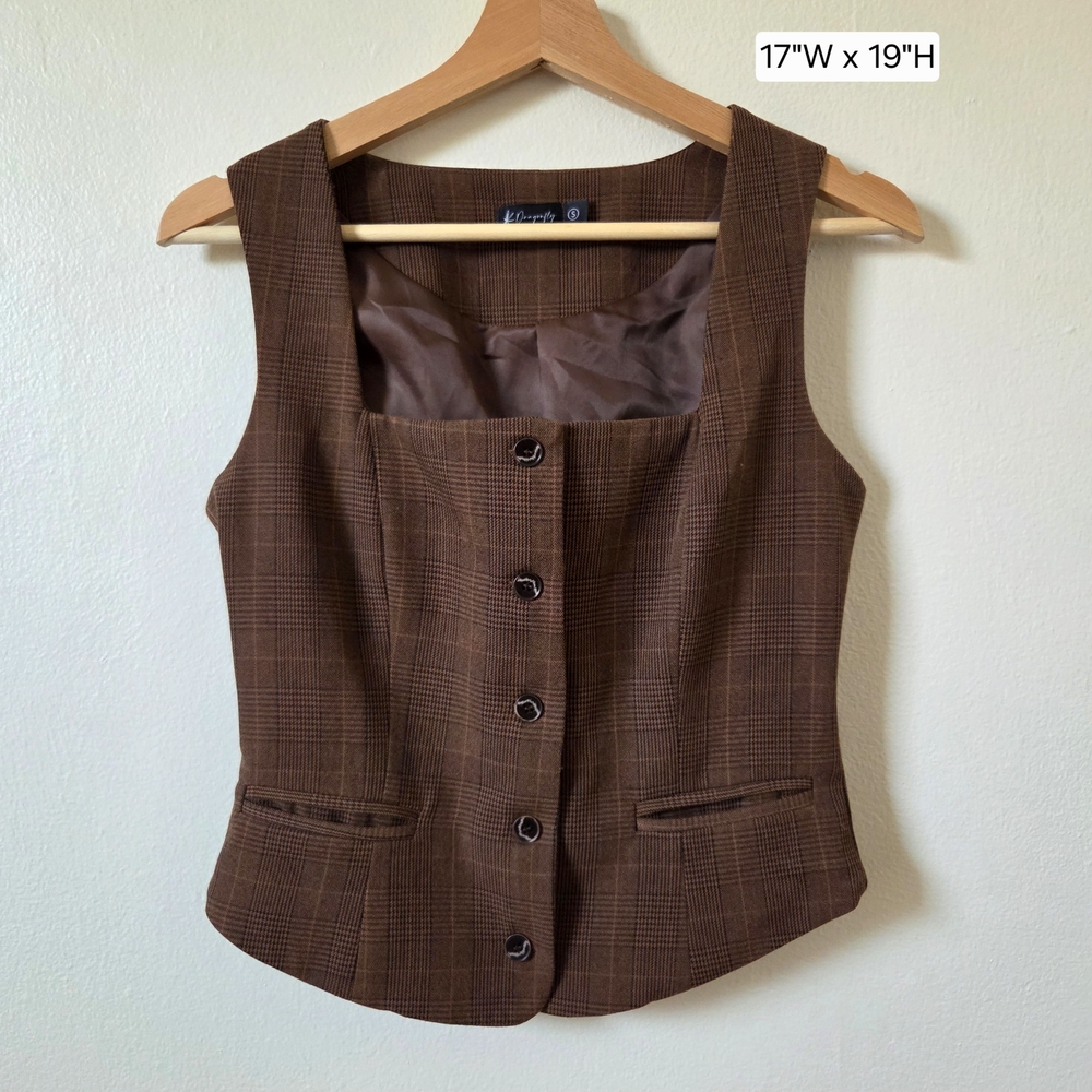 Brown Plaid Button-Up Vest Square Neckline Small